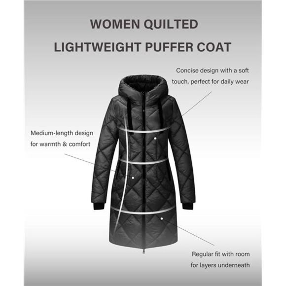 Women Long Heavy Puffer Coat Diamond Quilted Thermal Winter Parka Jacket, Black - Picture 6 of 7
